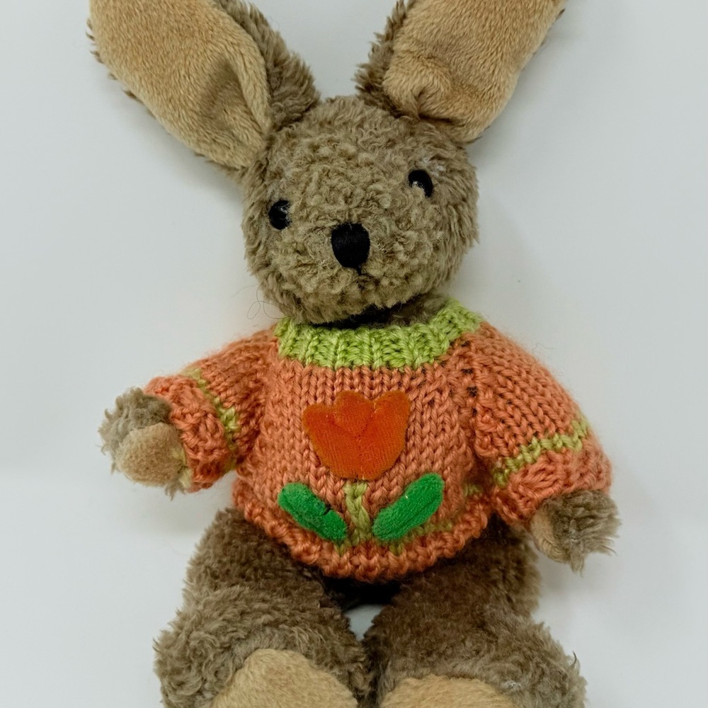 Vintage 1999 Plush Bunny Toy with Orange Sweater